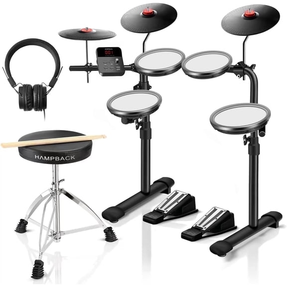 HAMPBACK MK-0 Electric Drum Set with 7'' Mesh Pads, 8'' Cymbals, 12 Kits, USB MIDI, Suitable for Beginners Aged 3-12 at The Entry Level