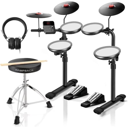 HAMPBACK MK-0 Electric Drum Set with 7'' Mesh Pads, 8'' Cymbals, 12 Kits, USB MIDI, Suitable for Beginners Aged 3-12 at The Entry Level