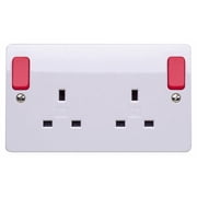 MK - 2 Gang 13A DP Switched Plug Socket with Red Outboard Rockers