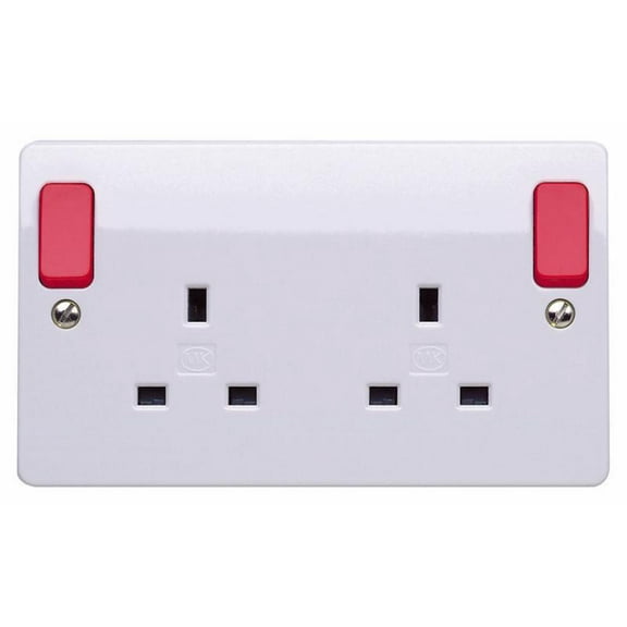 MK - 2 Gang 13A DP Switched Plug Socket with Red Outboard Rockers