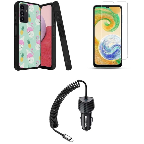 MK Dual Layer Slim Case for Galaxy A14 5G Bundled with Tempered Glass Screen Protector, 40W USB-C High Power Car Charger (Extra Type-C Port) - 5 Foot (Flamingo)