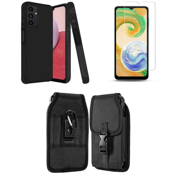 MK Dual Layer Slim Case for Galaxy A14 5G with Durable Shockproof Impact Resistant Protective Cover with Glass Screen Protector and Vertical Rugged Release Buckle Belt Holster Pouch (Charcoal Black)