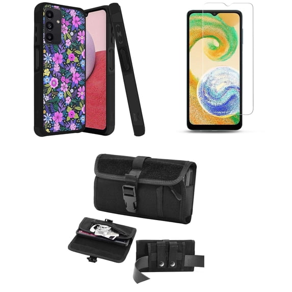 MK Dual Layer Slim Case for Galaxy A14 5G with Durable Shockproof Protective Cover with Glass Screen Protector and Horizontal Rugged Release Buckle Belt Holster Pouch (Purple Pink Flower)