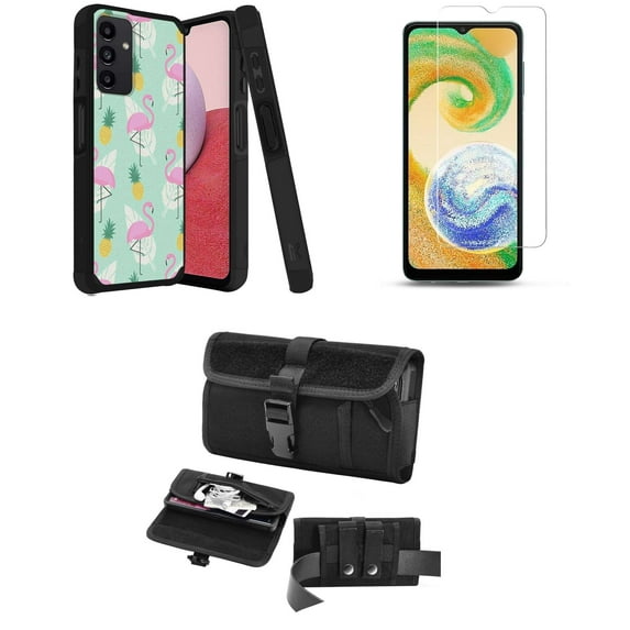 MK Dual Layer Slim Case for Galaxy A14 5G with Durable Shockproof Protective Cover with Glass Screen Protector and Horizontal Rugged Release Buckle Belt Holster Travel Pouch (Flamingo)