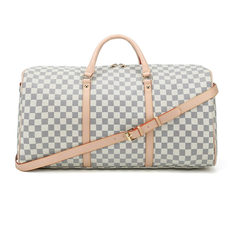 Richports Checkered Travel PU Leather Weekender Overnight Duffel Bag Shoulder Tote Handbag Travel Gym Bag Mens Women (White Checkered), Women's, Size