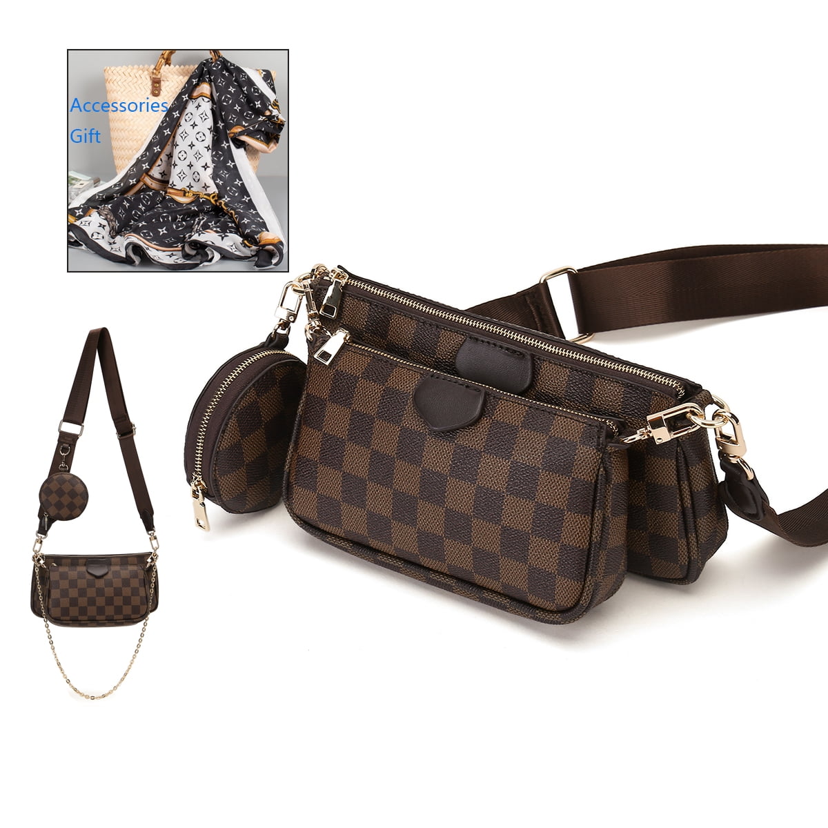 MK Gdledy Brown Checkered Crossbody Bags for Women Multipurpose Handbags  Leather Shoulder with Coin Purse including 3 Size Bag - Brown2