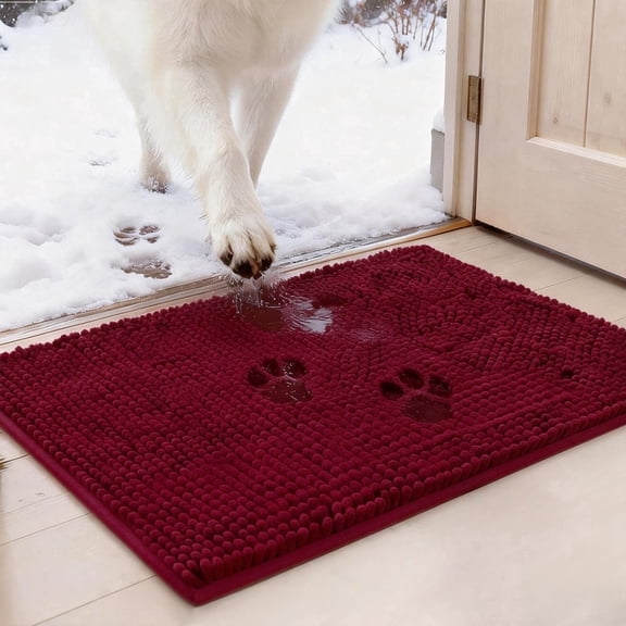 Dog Door Mat for Muddy Paws, Absorbent Non-Slip Washable Doormat, Quick Dry Chenille Mud Mat, Entry Indoor Entryway Carpet for Inside Floor,Red,24"x 16"