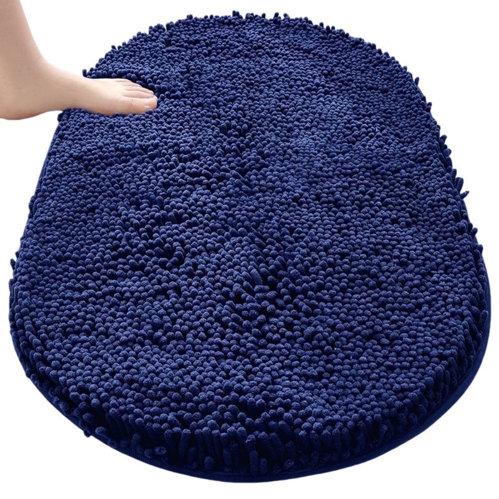 MK Gdledy Chenille Oval Bath Rug 20x32, Rubber Backing Quick Dry Washable Microfiber Mats，Dark Blue