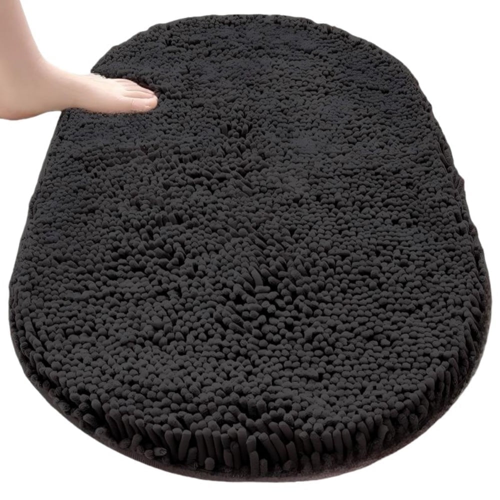 MK Gdledy Chenille Oval Bath Rug 20x32, Rubber Backing Quick Dry Washable Microfiber Mats，Black