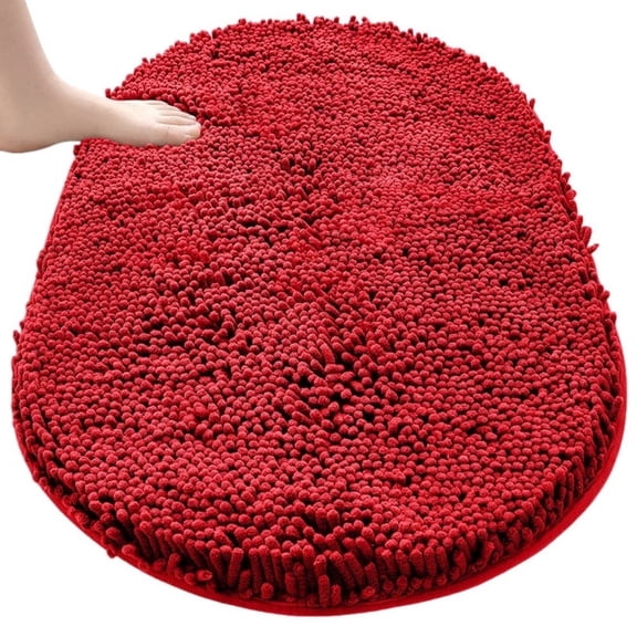 MK Gdledy Chenille Oval Bath Rug 16x24, Rubber Backing Quick Dry Washable Microfiber Mats，Red