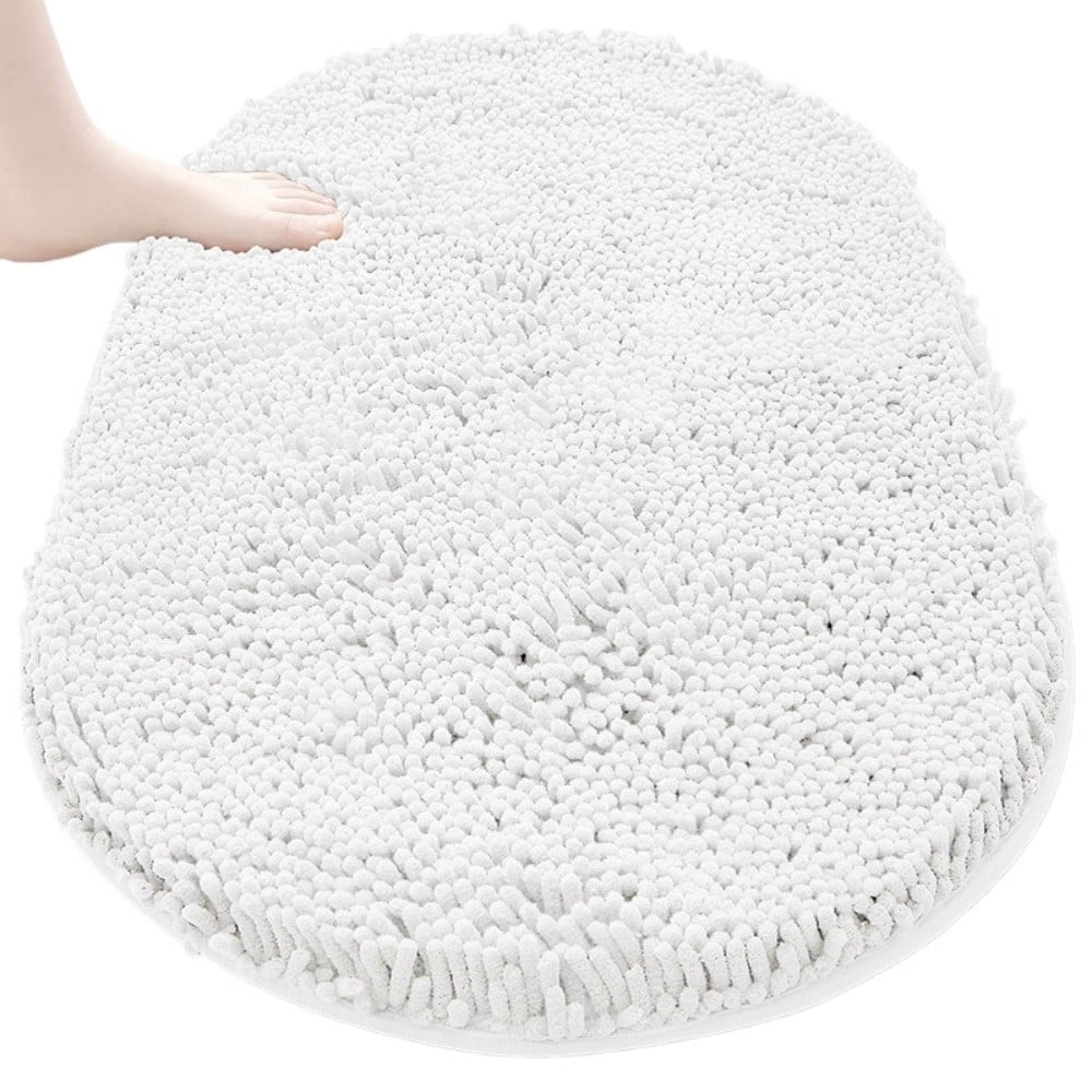 MK Gdledy Chenille Oval Bath Rug 16x24, Rubber Backing Quick Dry Washable Microfiber Mats，White