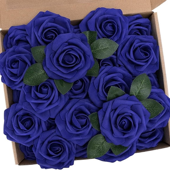 MK Gdledy Royal Blue Foam Artificial Roses with Stems and Leaves for DIY Bouquets and Party Decorations, 25 Count