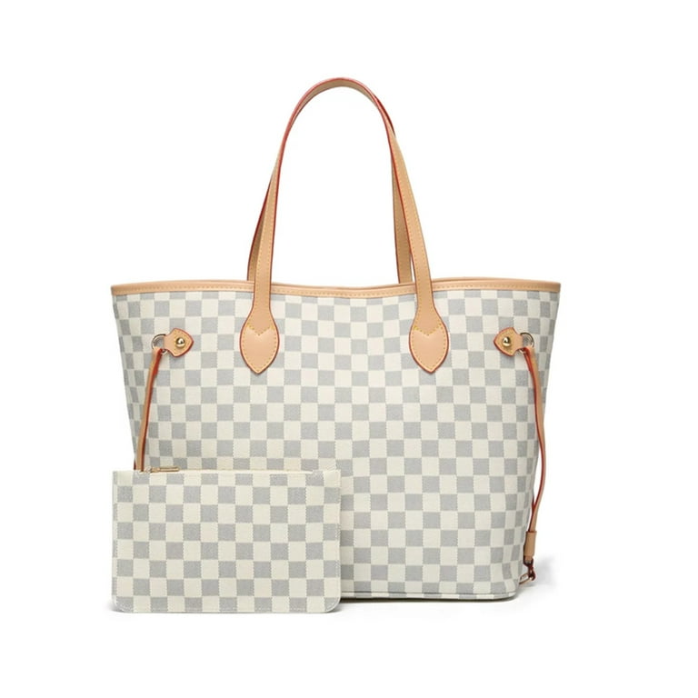 Womens Checkered Tote Shoulder Bag with Inner Pouch - PU Vegan Leather Shoulder