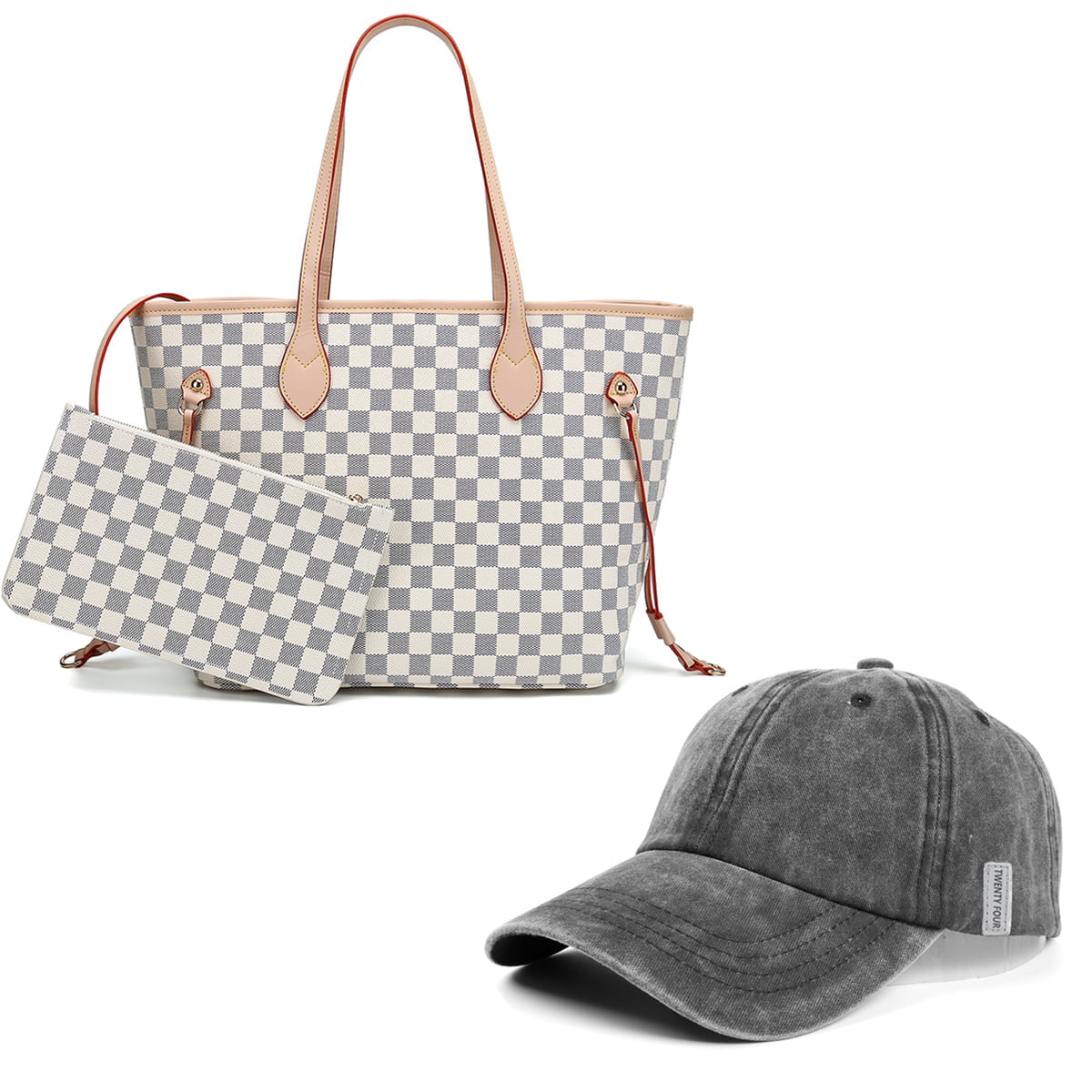 TWENTY FOUR Womens Checkered Tote Shoulder Bag with inner pouch - PU Vegan  Leather Shoulder Satchel Fashion Bags -Cream checkered