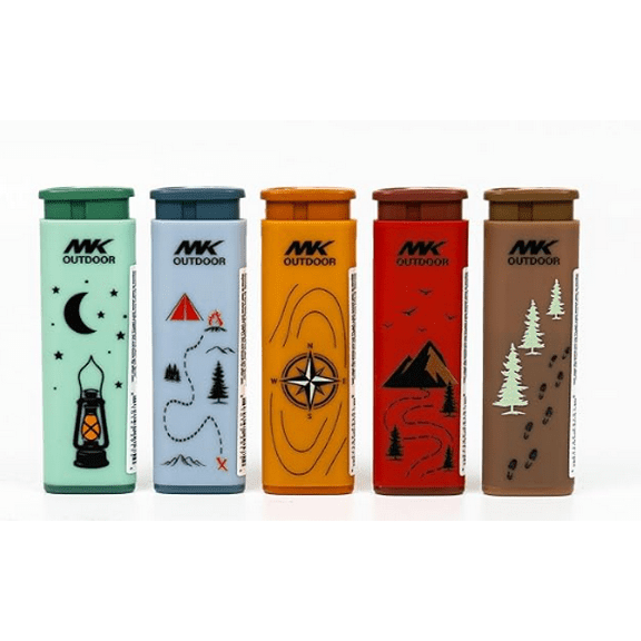 MK Lighter Outdoor Series Alpine Set 5-Pack Assorted Design Multipurpose Refillable, Windproof Flame, Slip Guard Candle & BBQ, Prepping & Camping Supplies, Survival Lighters (Trail Blazer 5PC)