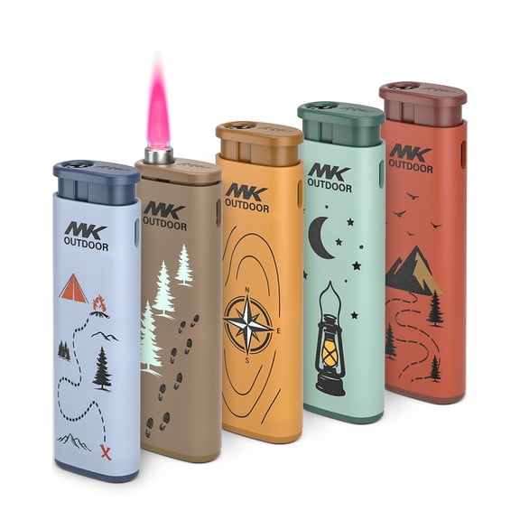 MK Rechargeable Butane Lighter with Wind-Resistant Dual-Flame Technology (Red and Blue), Designed for Candles, Barbecue, Camping, Outdoor Activities, and Everyday Use  Pack of 5 Units