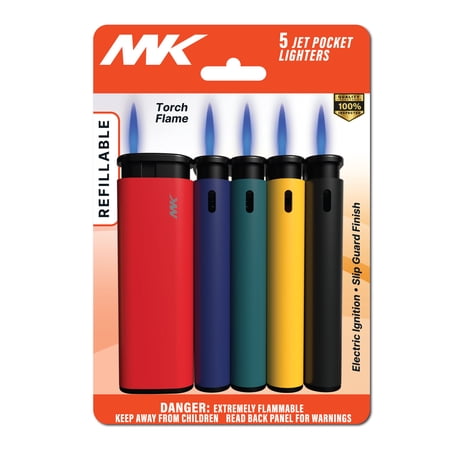 MK Refillable Pocket Butane Torch Lighters, 5 Pack, Assorted Colors
