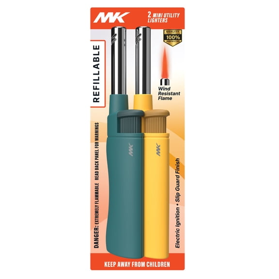MK Mini Utility Lighter Refillable Butane, Wind-Resistant, Assorted Colors, 2 Pack