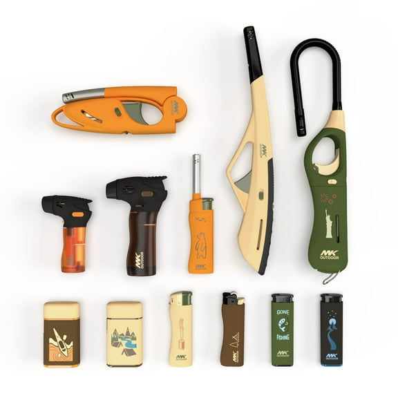 MK Lighter's 12 Sample Packs, Set of Outdoor Utility, Torch, Candle and Pocket Lighters, Assorted Designs, Refillable Tanks and Multi-Purpose Lighters (34 Counts)