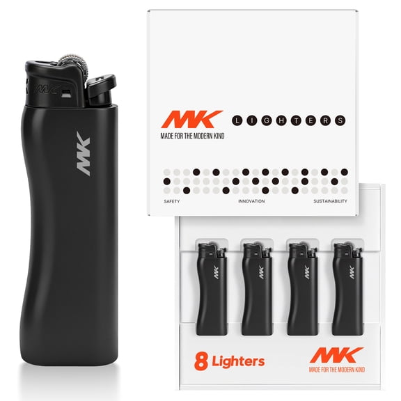 MK Pocket Lighters,Flint‑Strike Refillable Butane,All‑Black,8‑Pack(HUE‑BLK‑8PC)