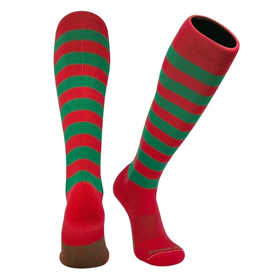 MK Socks Baseball Softball Candy Cane Stripes Christmas Knee high Socks - Red Green (XL)