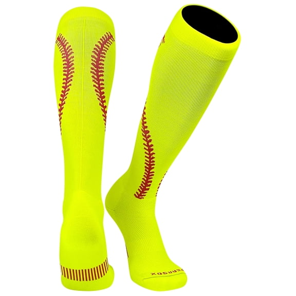 MK Socks Softball Stitch Neon Yellow with Red Stitching Knee high Socks (XL)