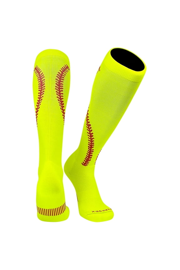 Softball Stitch Neon Yellow with Red Stitching Knee high Socks (XL)