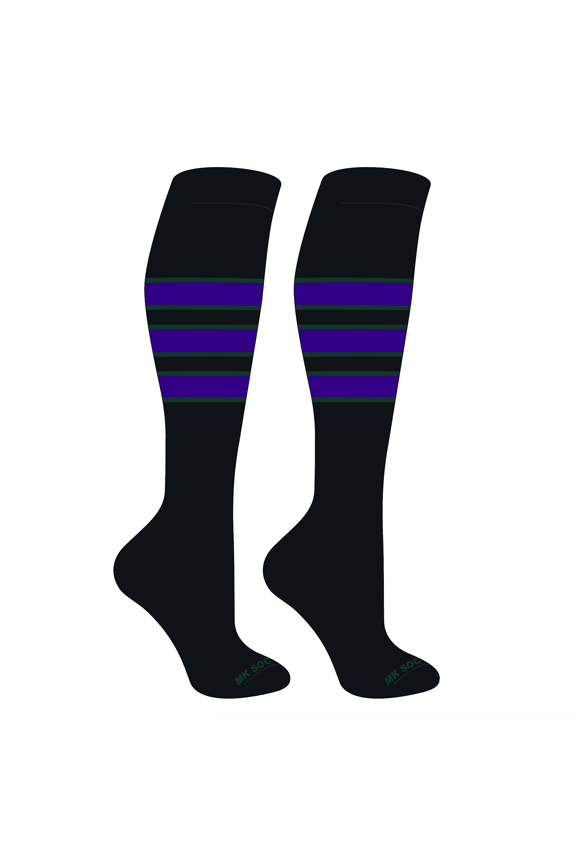 Striped Knee High Baseball, Football Socks (C) Black, Dk Green, Purple
