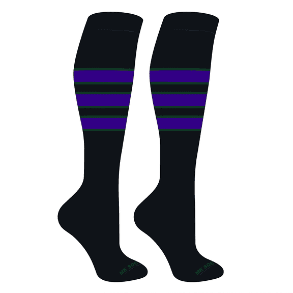 MK Socks Striped Knee High Baseball, Football Socks (C) Black, Dk Green, Purple