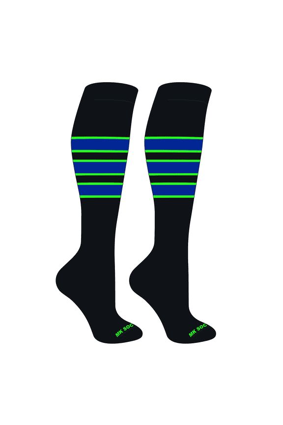 Striped Knee High Baseball, Football Socks (C) Black, Neon Green, Royal (M)
