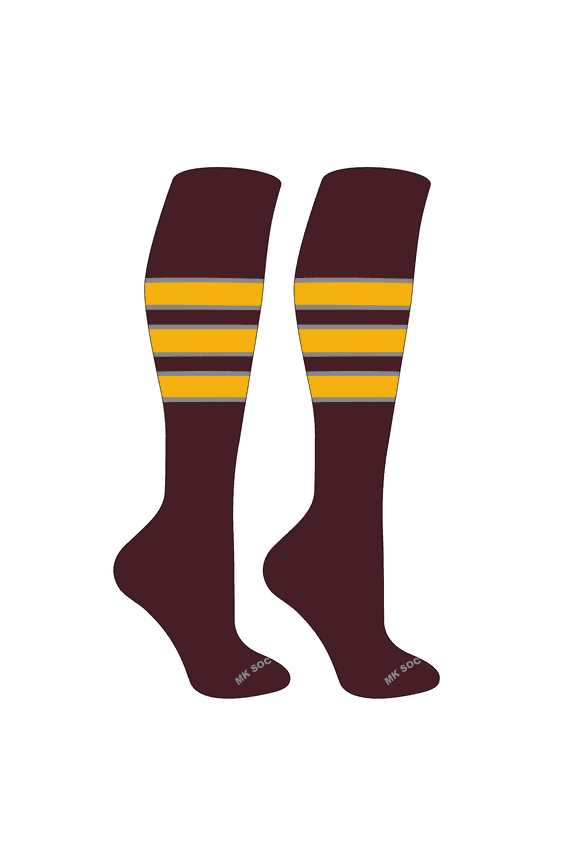 Striped Knee High Baseball, Football Socks (C) Maroon, Grey, Gold