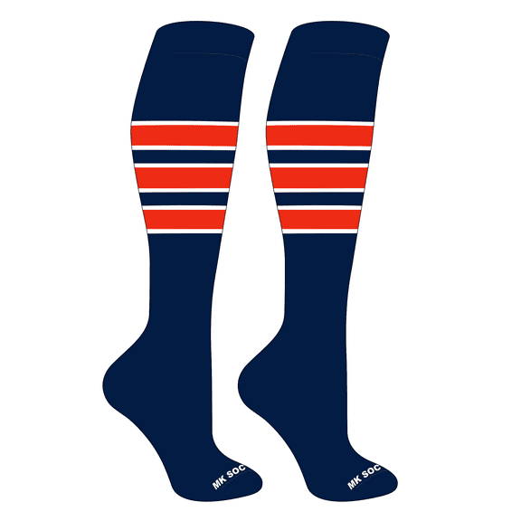MK Socks Striped Knee High Baseball, Football Socks (C) Navy, White, Orange (XS)
