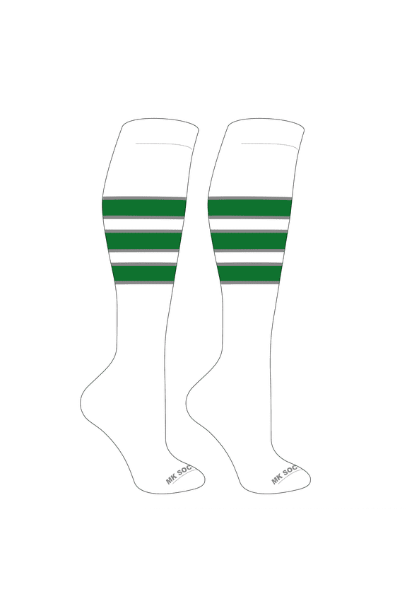 Striped Knee High Baseball, Football Socks (C) White, Grey, Kelly Green