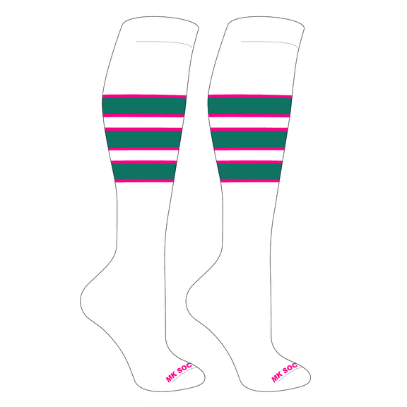 MK Socks Striped Knee High Baseball, Football Socks (C) White, Hot Pink, Teal