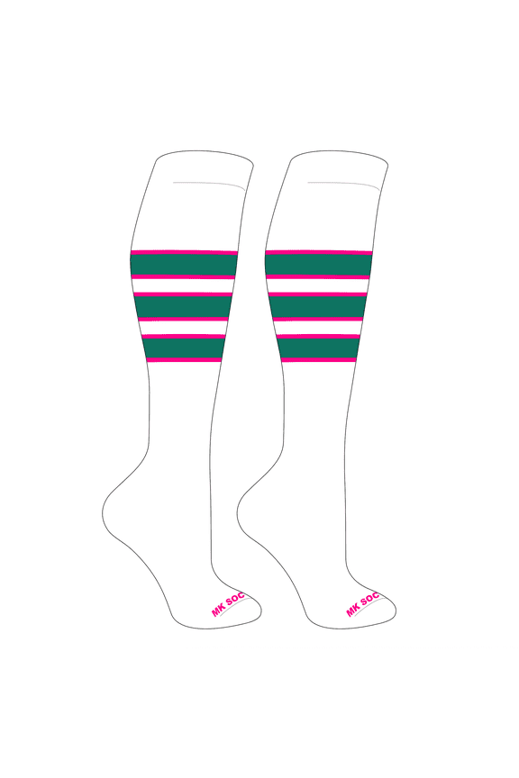 Striped Knee High Baseball, Football Socks (C) White, Hot Pink, Teal