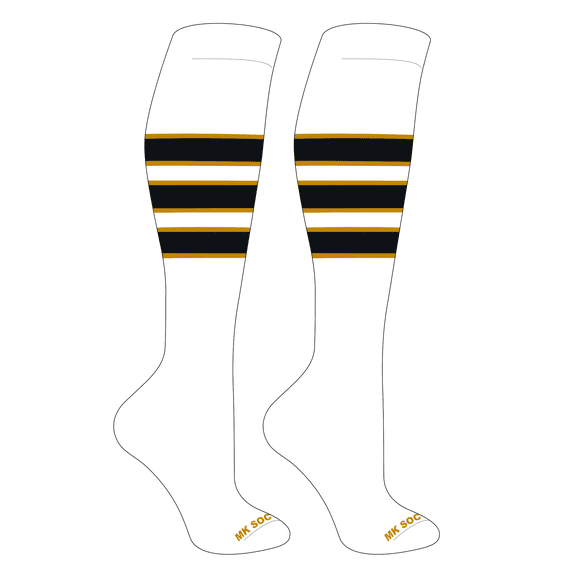 MK Socks Striped Knee High Baseball, Football Socks (C) White, Old Gold, Black