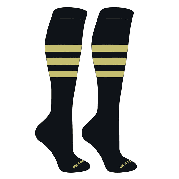 MK Socks Striped Knee High Baseball, Football Socks (A) Black, Vegas Gold (XL)