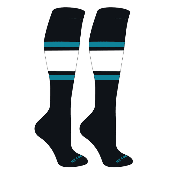 MK Socks Striped OTC Baseball, Softball, Football Socks (B) Black, Marlin Teal, White (M)
