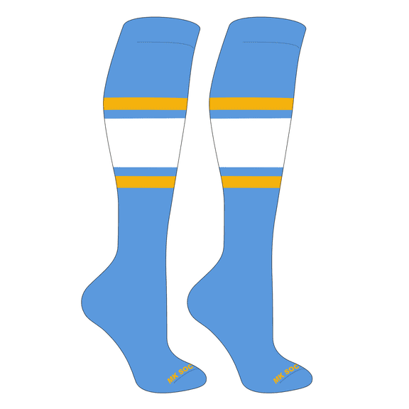 MK Socks Striped OTC Baseball, Softball, Football Socks (B) Columbia Blue, Gold, White (XS)