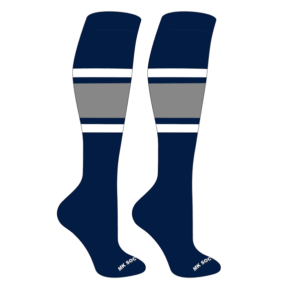 MK Socks Striped OTC Baseball, Softball, Football Socks (B) Navy, White, Grey (S)