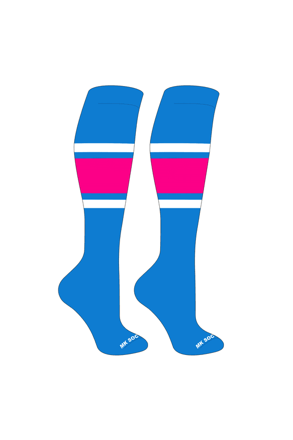 Striped OTC Baseball, Softball, Football Socks (B) Neon Blue, White, Hot Pink (S)