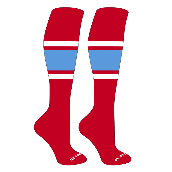 MK Socks Striped OTC Baseball, Softball, Football Socks (B) Red, White, Columbia Blue (S)