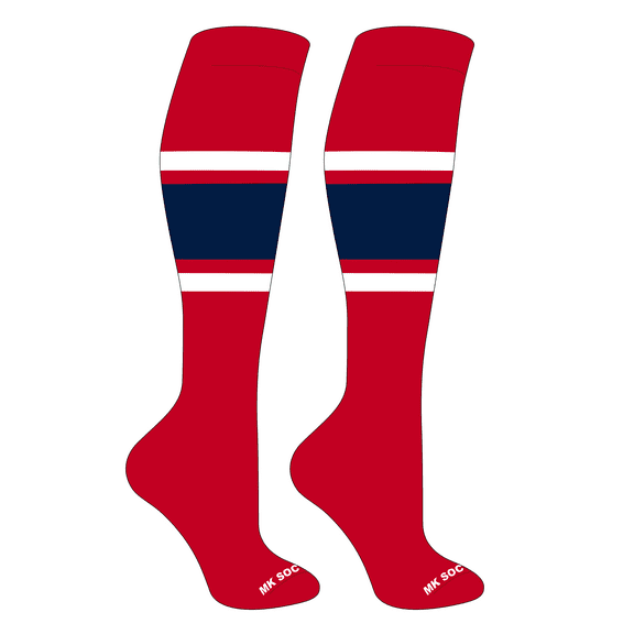 MK Socks Striped OTC Baseball, Softball, Football Socks (B) Red, White, Navy (L)