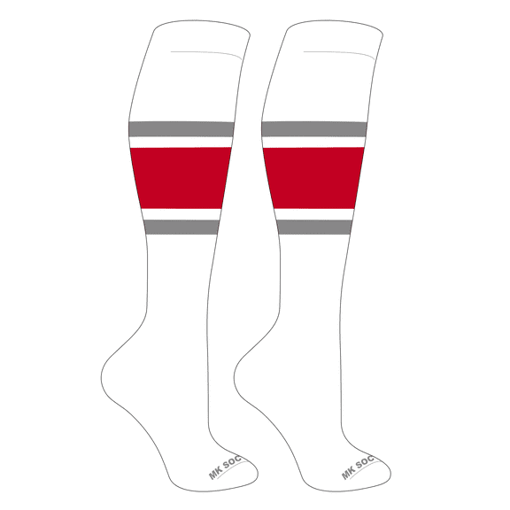 MK Socks Striped OTC Baseball, Softball, Football Socks (B) White, Grey, Red (M)