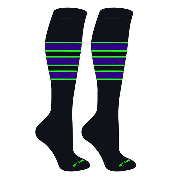 MK Socks Striped OTC Baseball, Softball, Football Socks (C) Black, Neon Green, Purple (M)