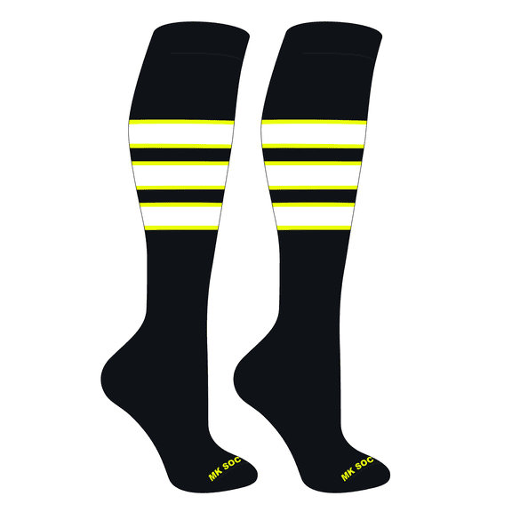 MK Socks Striped Knee High Baseball, Football Socks (C) Black, Neon Yellow, White (S)