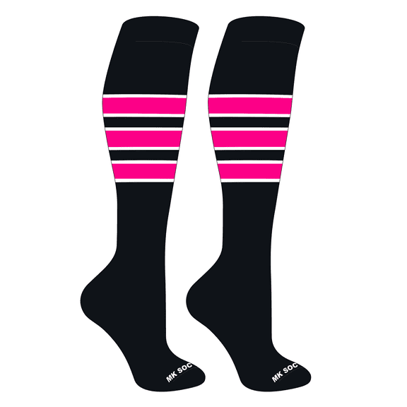 MK Socks Striped OTC Baseball, Softball, Football Socks (C) Black, White, Hot Pink (M)
