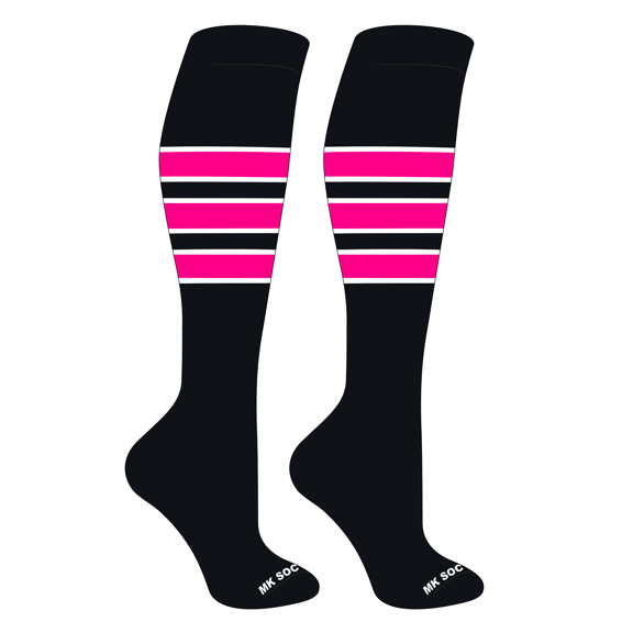 MK Socks Striped OTC Baseball, Softball, Football Socks (C) Black, White, Hot Pink (S)