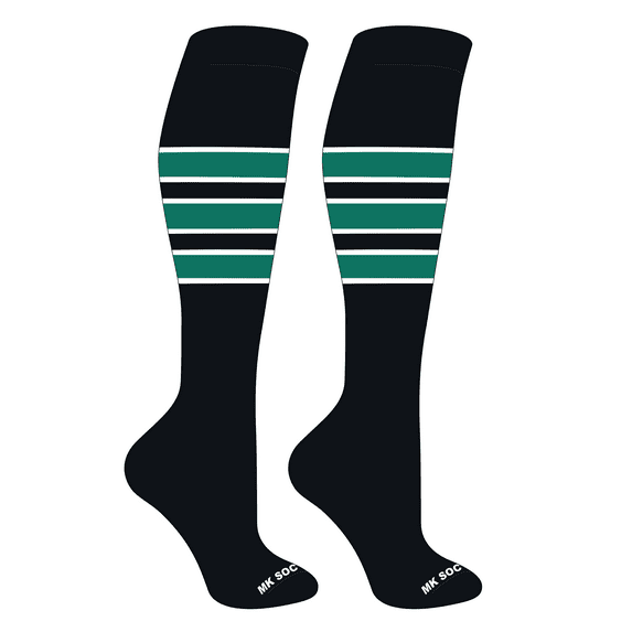 MK Socks Striped OTC Baseball, Softball, Football Socks (C) Black, White, Teal (XL)
