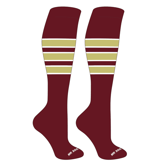 MK Socks Striped OTC Baseball, Softball, Football Socks (C) Cardinal, White, Vegas Gold (L)